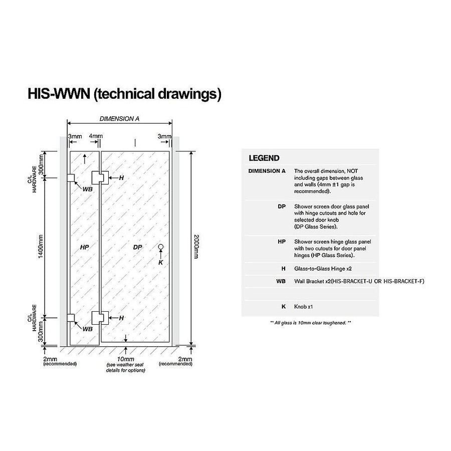 100x110cm Double Door Corner Shower Screen with Channels and Brass Hinges - Gold