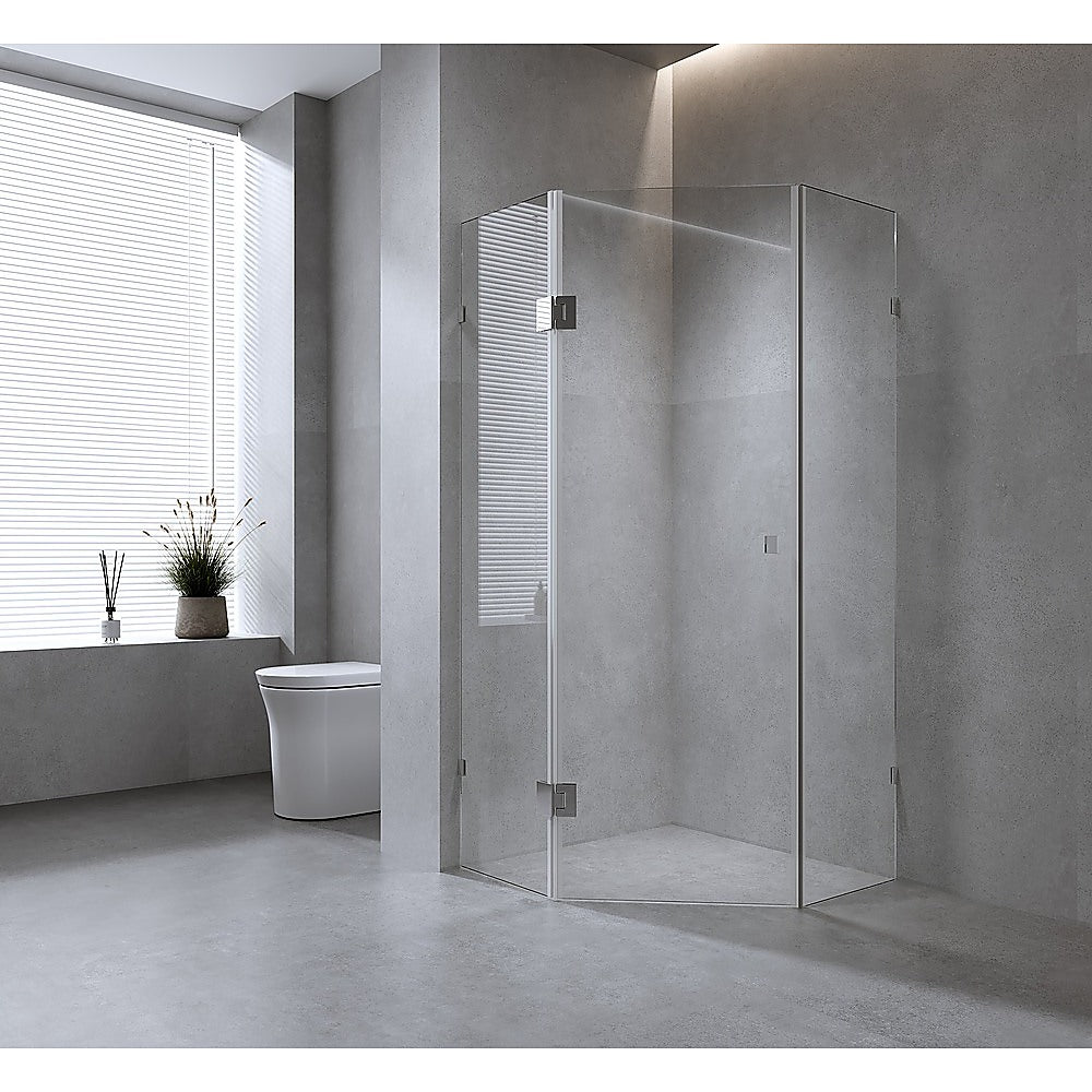 90cm Frameless Diamond Shower Screen with White Brackets and SS Hinges, Round Knob Handle