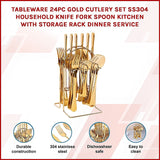 Tableware 24PC Gold Cutlery Set SS304 Household Knife Fork Spoon Kitchen with Storage Rack Dinner Service - Side View
