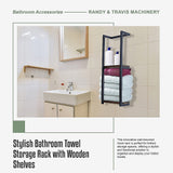 Stylish Bathroom Towel Storage Rack with Wooden Shelves - Close-Up Angle