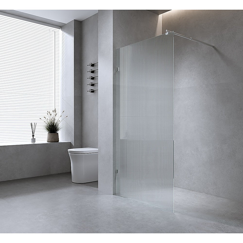 100cm Reeded Glass Shower Screen with Black Wall F-Brackets