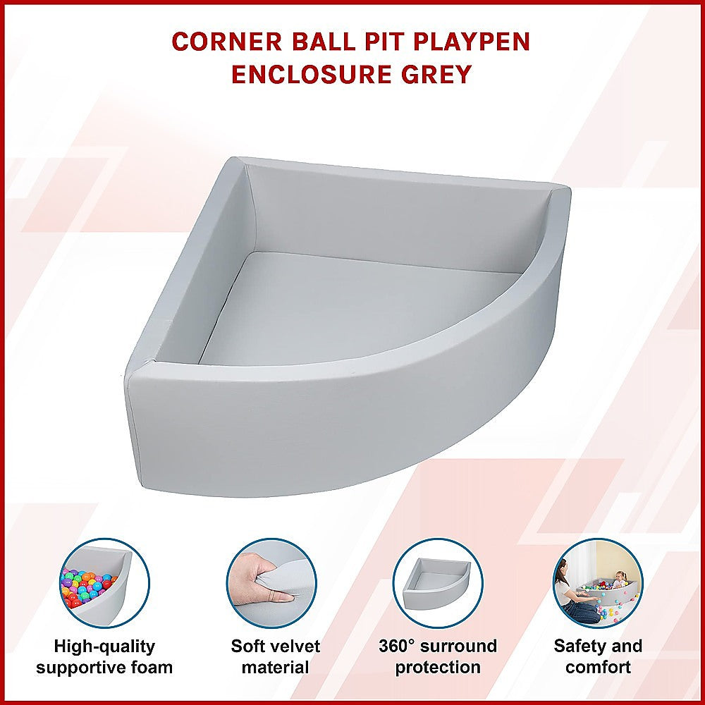 Corner Ball Pit Playpen Enclosure  Safe Grey Play Area for Babies and Toddlers, Indoor or Outdoor