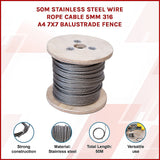 50m Stainless Steel Wire Rope Cable 5mm 316 A4 7x7 Balustrade Fence - Side View