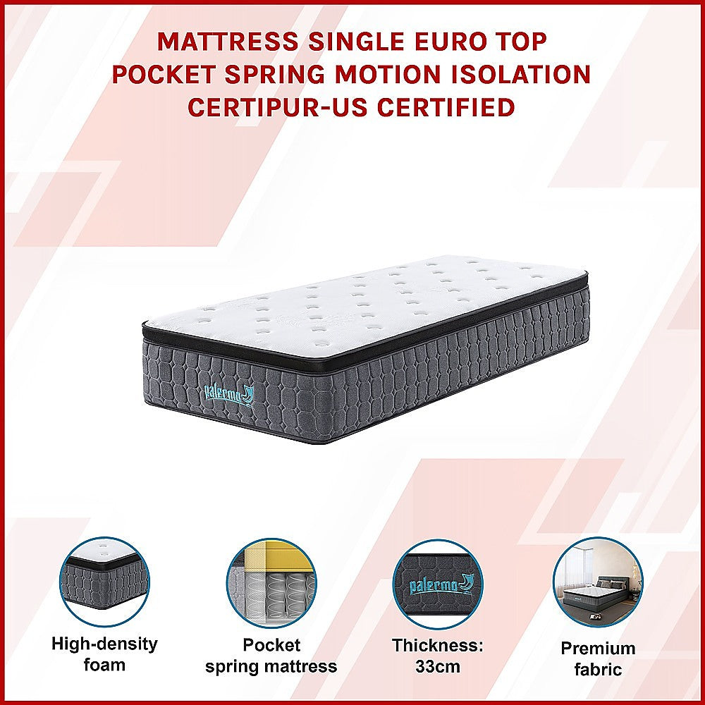 Single Euro Top Pocket Spring Mattress  Motion Isolation Comfort with CertiPUR-US® Certified Foam Layers
