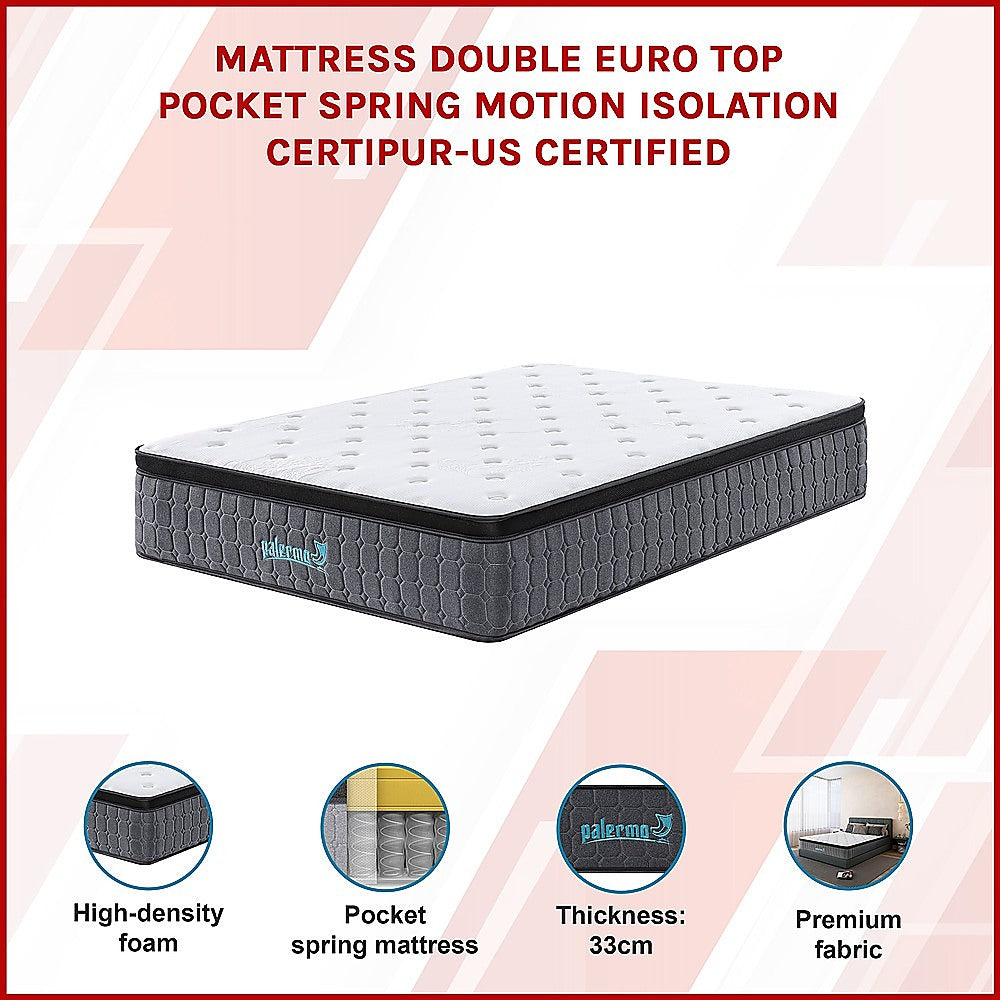 Double Euro Top Pocket Spring Mattress Motion Isolation Comfort with CertiPUR-US Certified Foam Layers