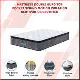 Double Euro Top Pocket Spring Mattress Motion Isolation Comfort with CertiPUR-US Certified Foam Layers