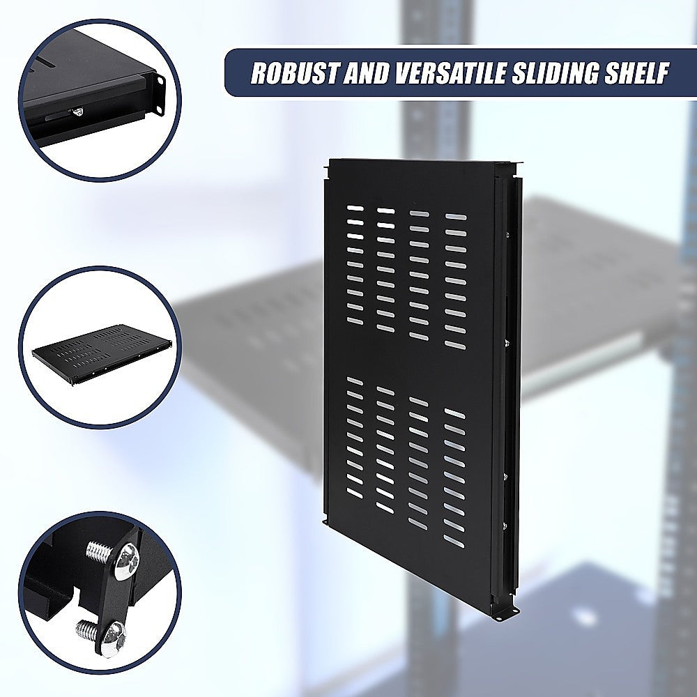1U Sliding Server Rack Shelf 26 Inch Deep Vented for 19 Inch Cabinet