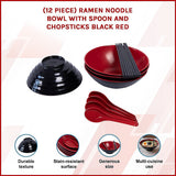 12 Piece Ramen Noodle Bowl with Spoon and Chopsticks Black Red