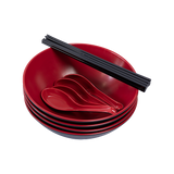 12 Piece Ramen Noodle Bowl with Spoon and Chopsticks Black Red - Top-Down View