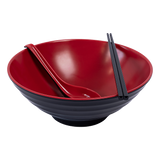 12 Piece Ramen Noodle Bowl with Spoon and Chopsticks Black Red - Close-Up Angle