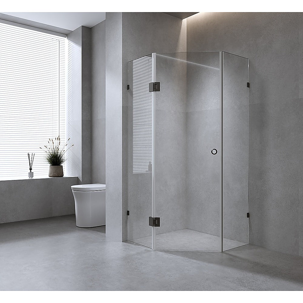 100cm Frameless Diamond Shower Screen with Gunmetal Brackets and Brass Hinges, Round Handle