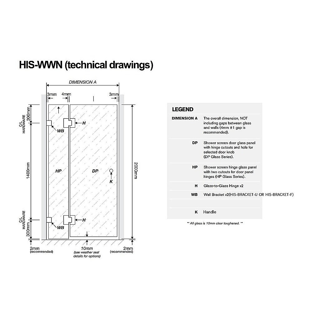 100x80cm Corner Frameless Shower Screen with White Channel and SS Hinges