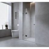 110cm Wall to Wall Frameless Shower Screen with White Brackets and Brass Hinges, Round Handle - Front View