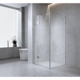 110x80cm Corner Frameless Shower Screen with Nickel Brackets and Brass Hinges - Wall Channel and Floor F-Bracket