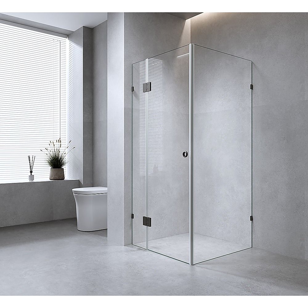 110x80cm Corner Frameless Shower Screen with Nickel Brackets and Brass Hinges - Wall Channel and Floor F-Bracket