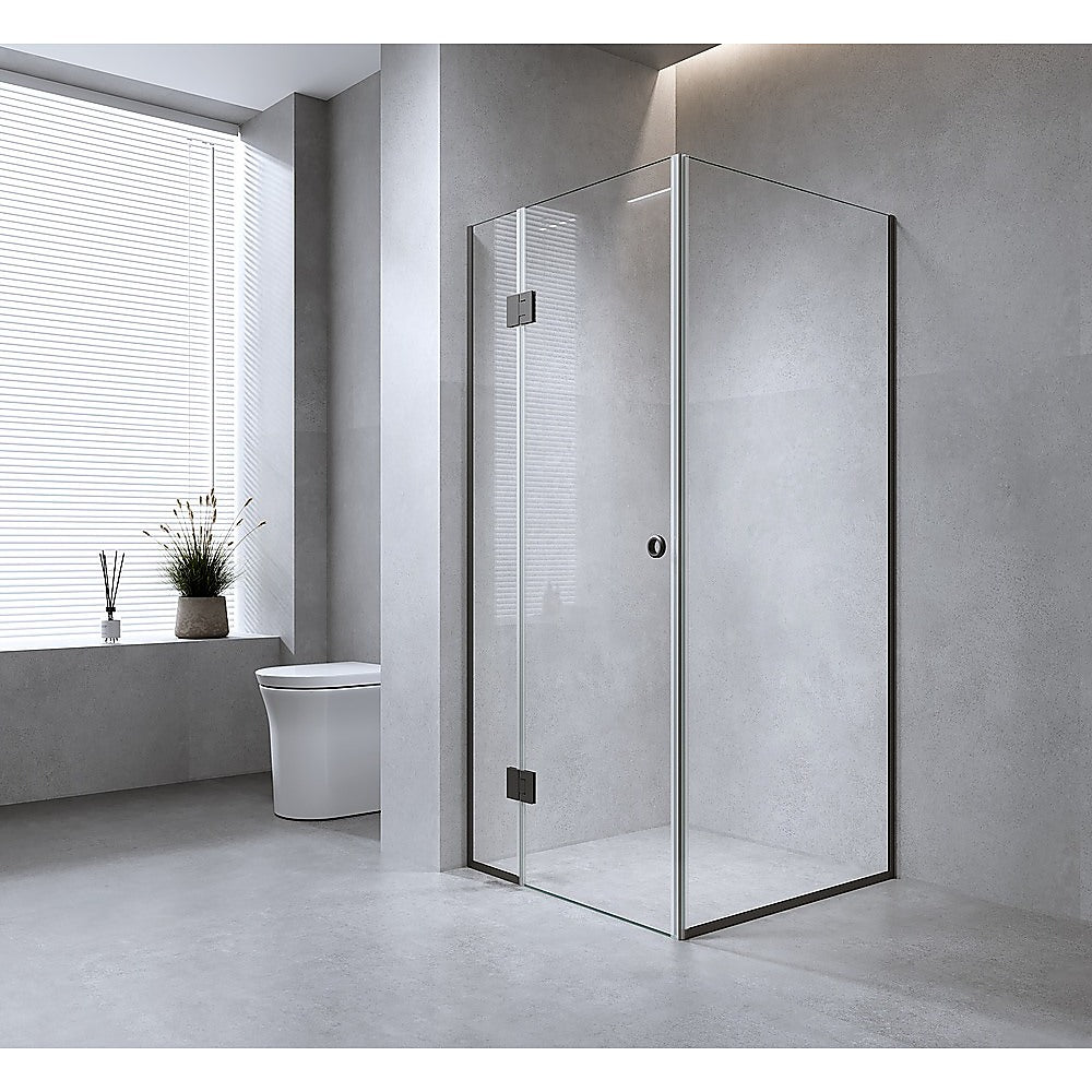 110x110cm Corner Frameless Shower Screen with Gunmetal Channel and Brass Hinges, Round Handle