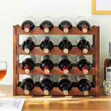Bamboo Wine Rack Free Standing 15 Bottles with 6 Glasses Holder Storage in Brown - 45-Degree Angle