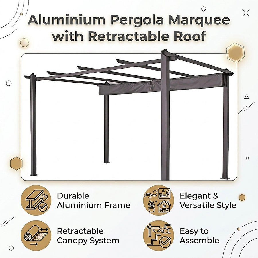 3x4M Aluminium Pergola Marquee with Retractable Roof – Garden Canopy