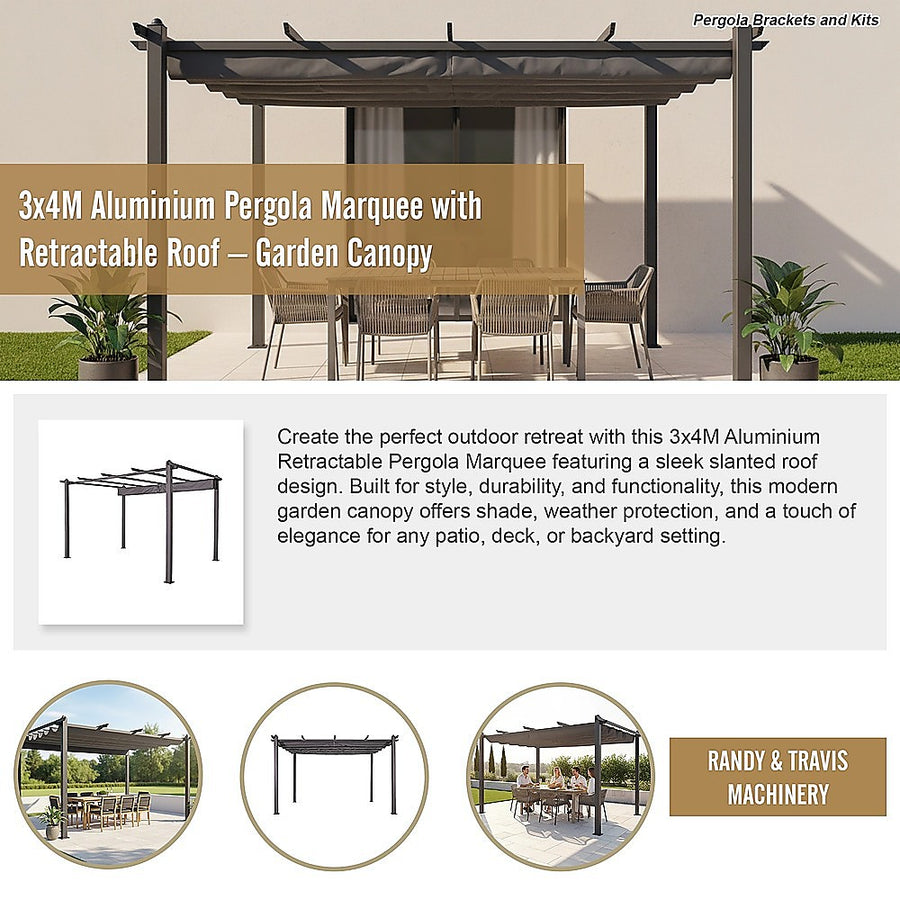 3x4M Aluminium Pergola Marquee with Retractable Roof – Garden Canopy