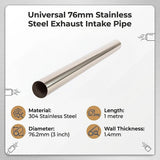 Universal 76mm Stainless Steel Exhaust Intake Pipe Polished Fitting