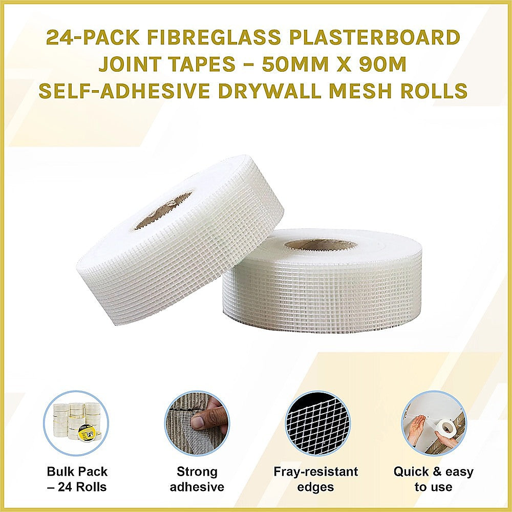 24-Pack Fibreglass Plasterboard Joint Tapes – 50mm x 90m Self-Adhesive Drywall Mesh Rolls