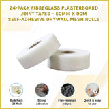 24-Pack Fibreglass Plasterboard Joint Tapes – 50mm x 90m Self-Adhesive Drywall Mesh Rolls