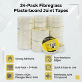 24-Pack Fibreglass Plasterboard Joint Tapes – 50mm x 90m Self-Adhesive Drywall Mesh Rolls