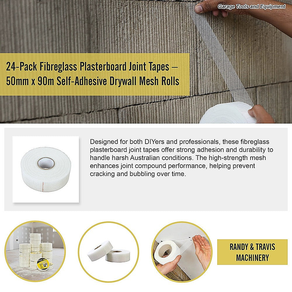 24-Pack Fibreglass Plasterboard Joint Tapes – 50mm x 90m Self-Adhesive Drywall Mesh Rolls