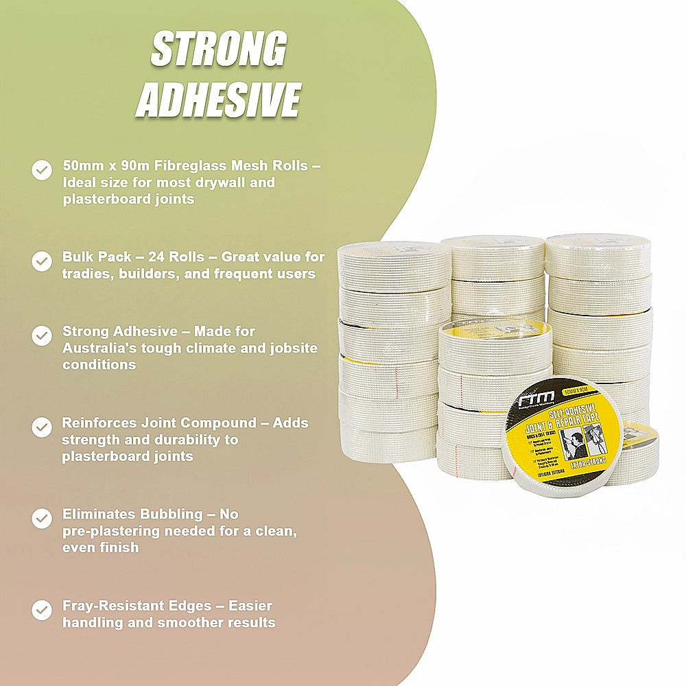 24-Pack Fibreglass Plasterboard Joint Tapes – 50mm x 90m Self-Adhesive Drywall Mesh Rolls