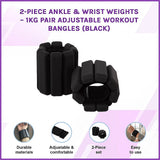 2-Piece Ankle & Wrist Weights – 1kg Pair Adjustable Workout Bangles (Black) - Side View