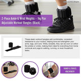 2-Piece Ankle & Wrist Weights – 1kg Pair Adjustable Workout Bangles (Black) - Extra Image