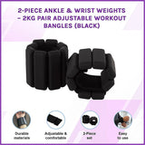 2-Piece Ankle & Wrist Weights – 2kg Pair Adjustable Workout Bangles (Black) - Side View