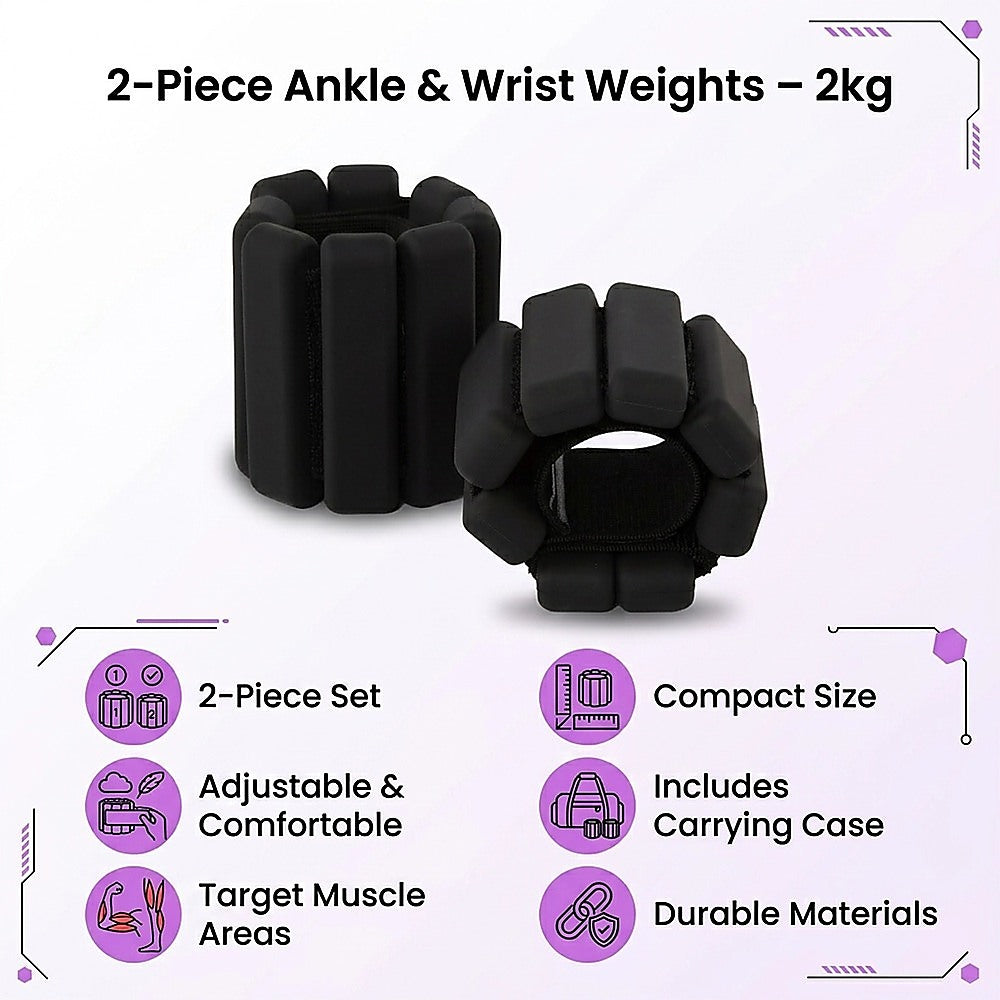 2-Piece Ankle & Wrist Weights – 2kg Pair Adjustable Workout Bangles (Black)