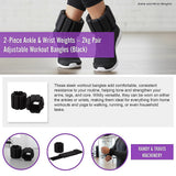 2-Piece Ankle & Wrist Weights – 2kg Pair Adjustable Workout Bangles (Black)