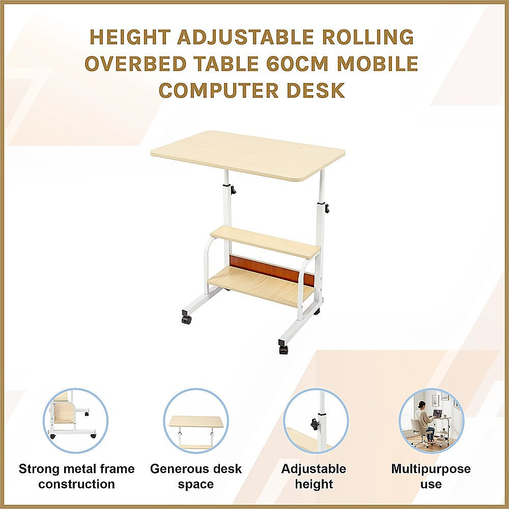 Height Adjustable Rolling Overbed Table 60cm Mobile Computer Desk