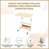 Height Adjustable Rolling Overbed Table 60cm Mobile Computer Desk - Side View