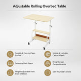 Height Adjustable Rolling Overbed Table 60cm Mobile Computer Desk