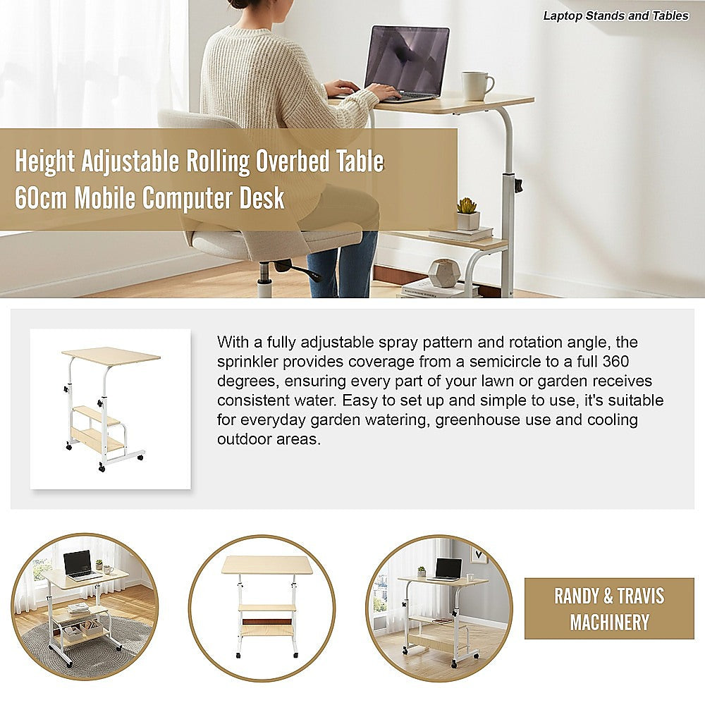 Height Adjustable Rolling Overbed Table 60cm Mobile Computer Desk