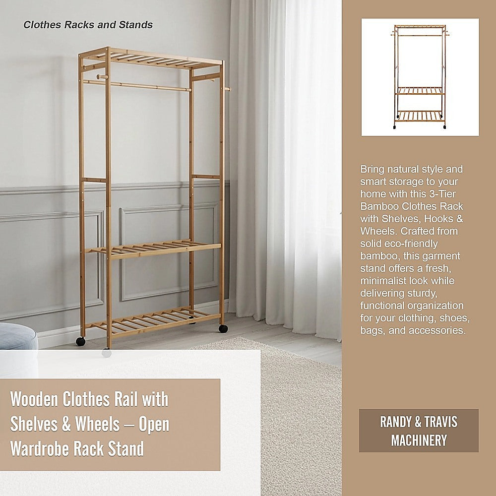 Wooden Clothes Rail with Shelves & Wheels – Open Wardrobe Rack Stand