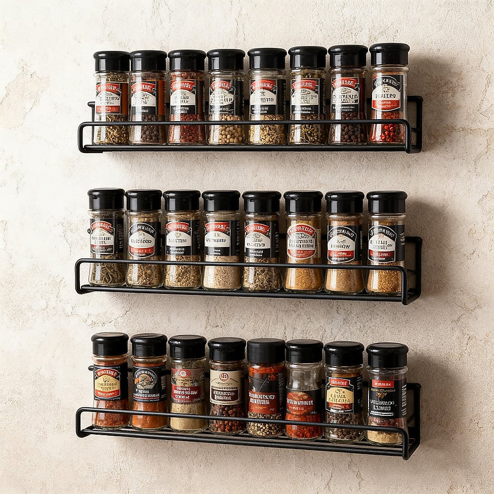 4pc Black Iron Wall Spice Rack – Kitchen Storage Shelf Set