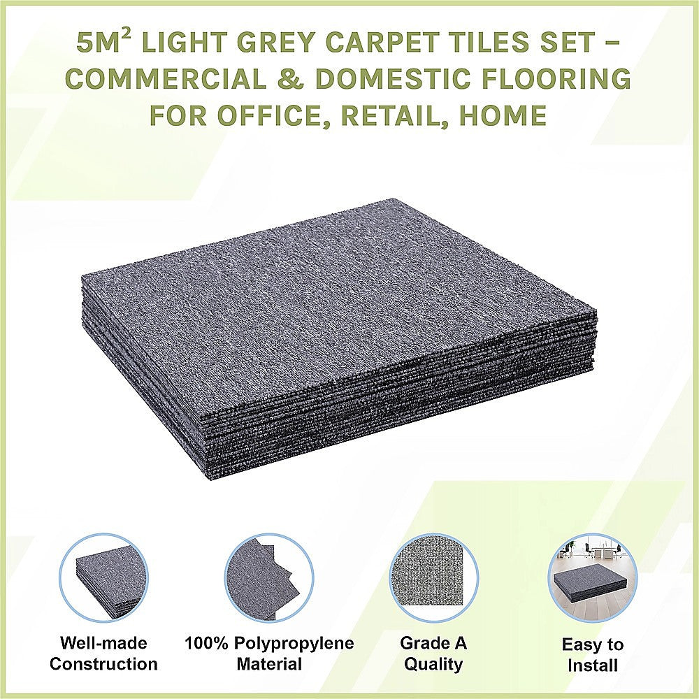 5m² Light Grey Carpet Tiles Set – Commercial & Domestic Flooring for Office, Retail, Home