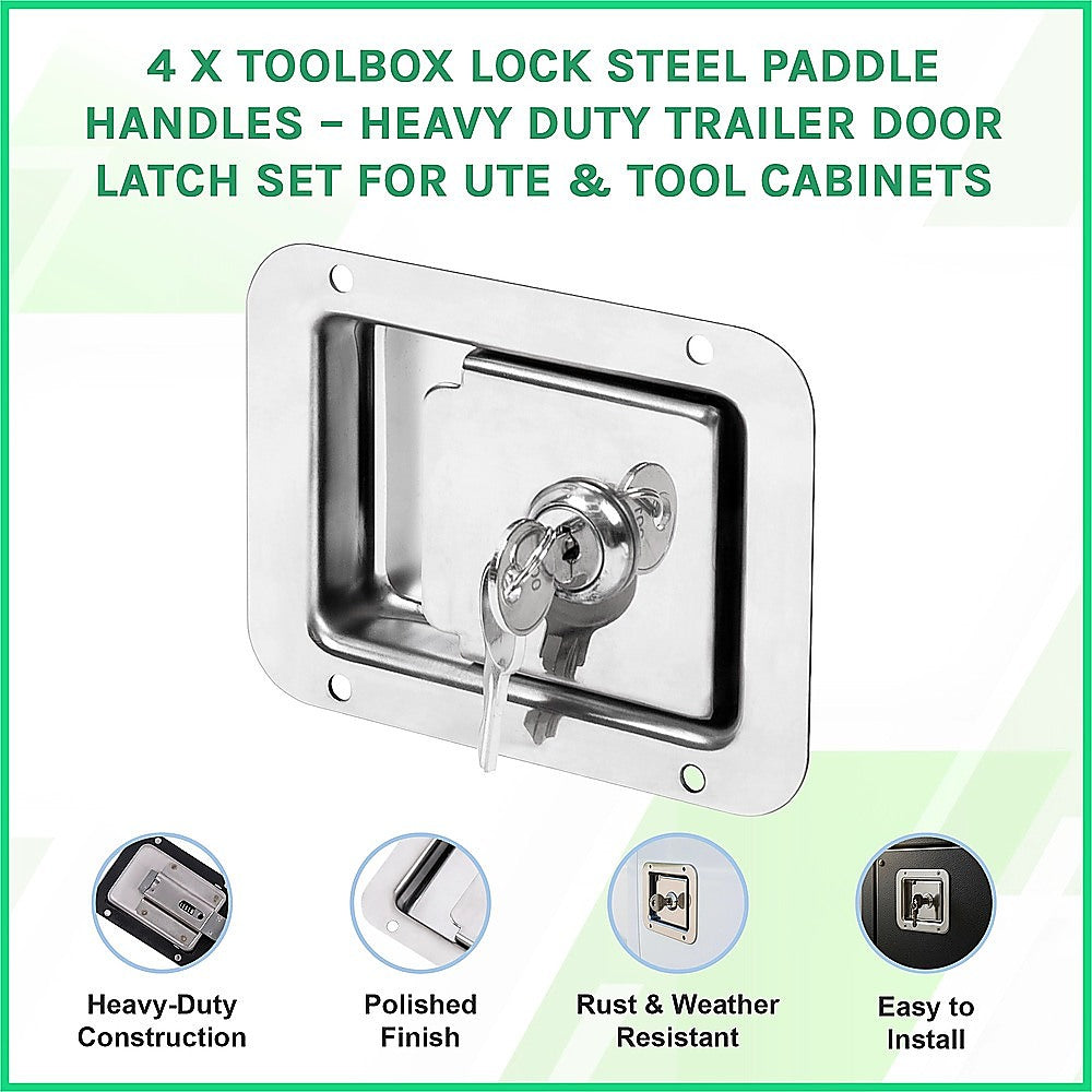 4 x Toolbox Lock Steel Paddle Handles – Heavy Duty Trailer Door Latch Set for Ute & Tool Cabinets