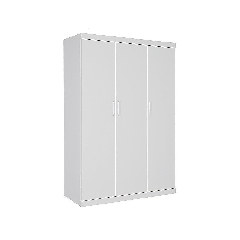 3 Door White Wardrobe – White Handles, Hanging Rail & Shelves