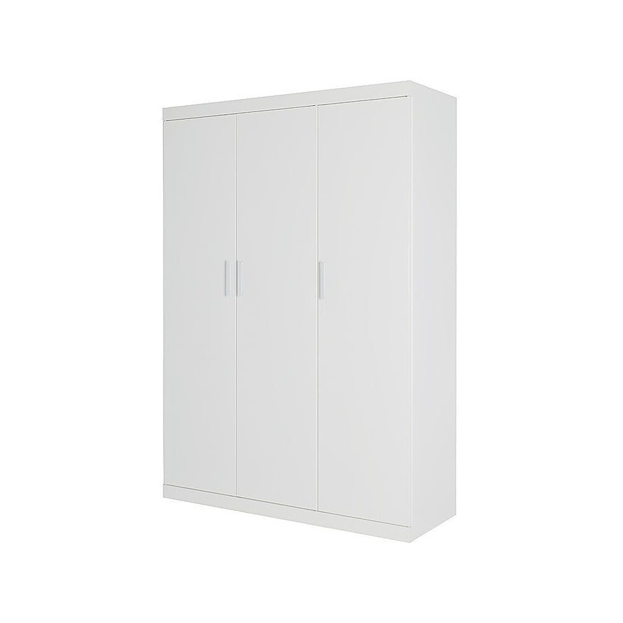 3 Door White Wardrobe – White Handles, Hanging Rail & Shelves