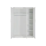 3 Door White Wardrobe – White Handles, Hanging Rail & Shelves - 45-Degree Angle