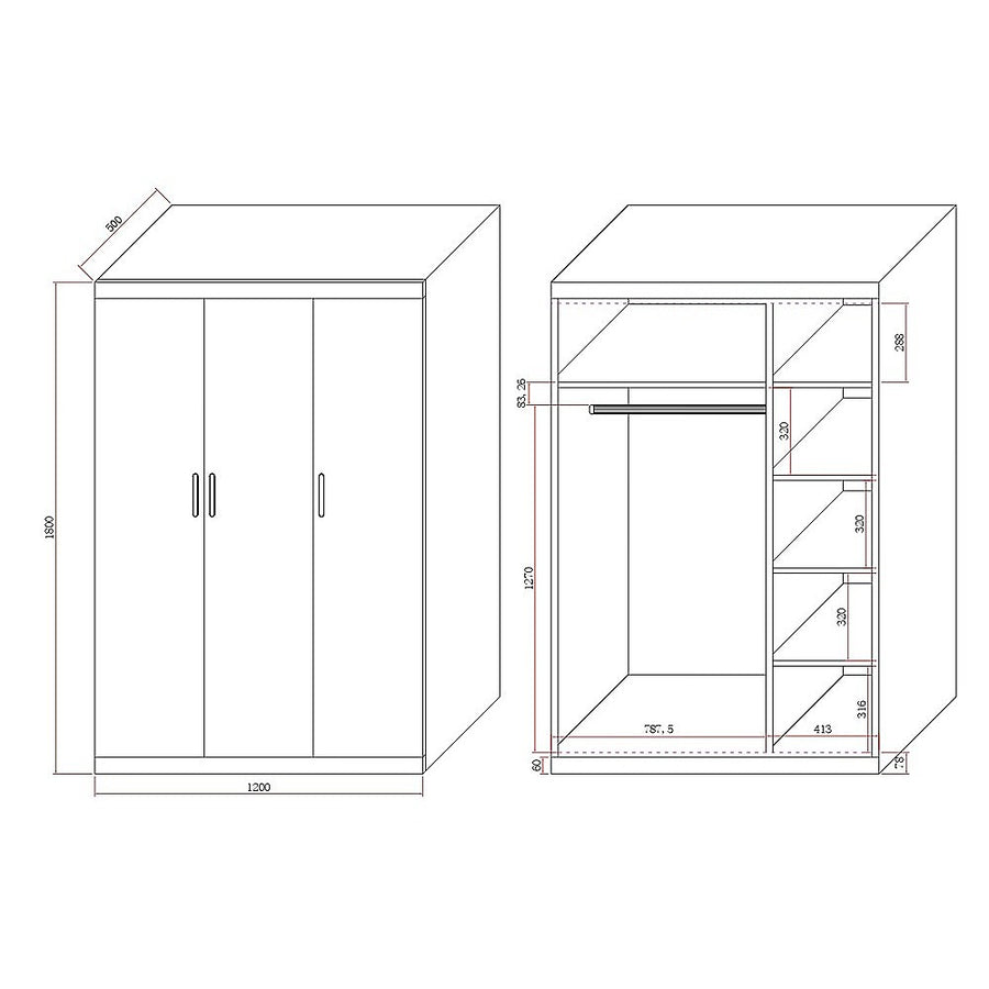 3 Door White Wardrobe – White Handles, Hanging Rail & Shelves