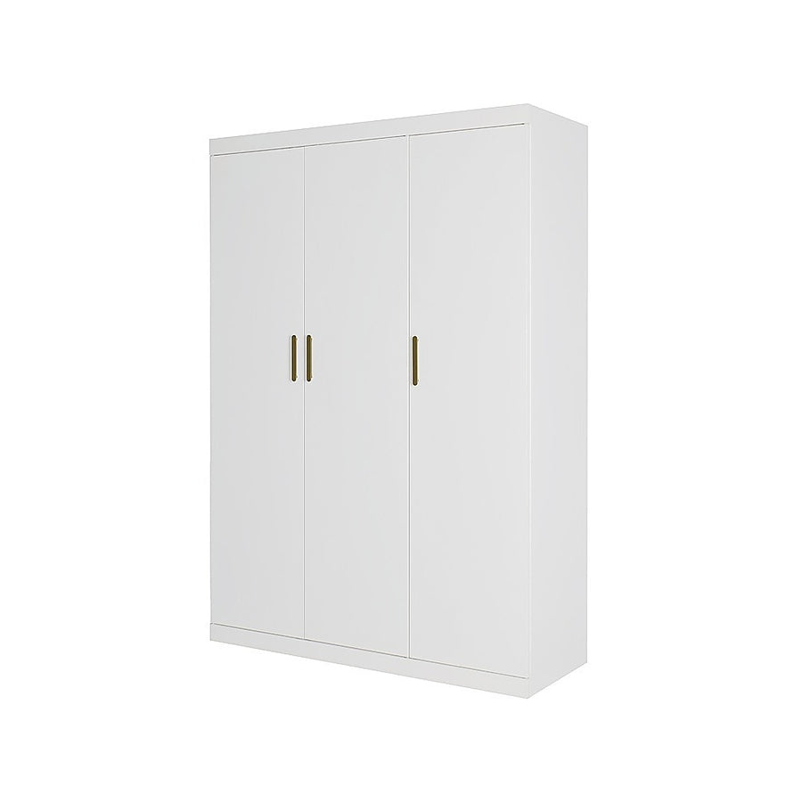 3 Door White Wardrobe – Gold Handles, Hanging Rail & Shelves