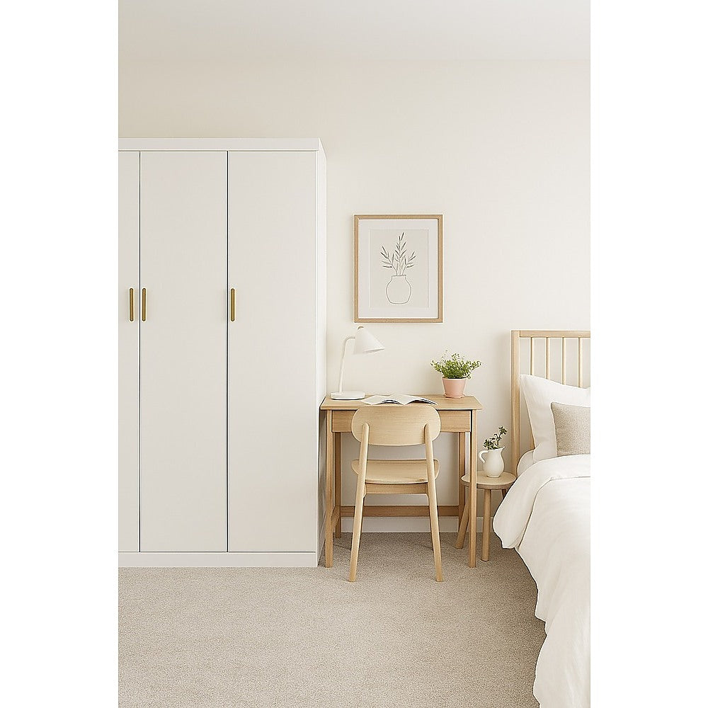 3 Door White Wardrobe – Gold Handles, Hanging Rail & Shelves