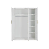 3 Door White Wardrobe – Gold Handles, Hanging Rail & Shelves - 45-Degree Angle