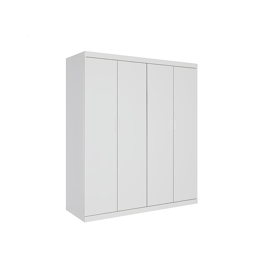 4 Door White Wardrobe Cabinet – Hanging Rail, Shelves & White Handles